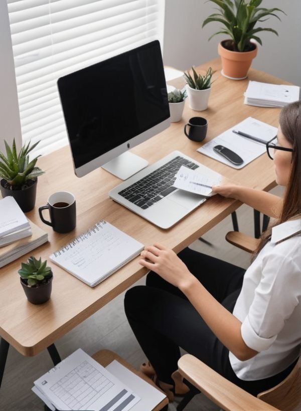a green working space with laptop, notes, plants, computer